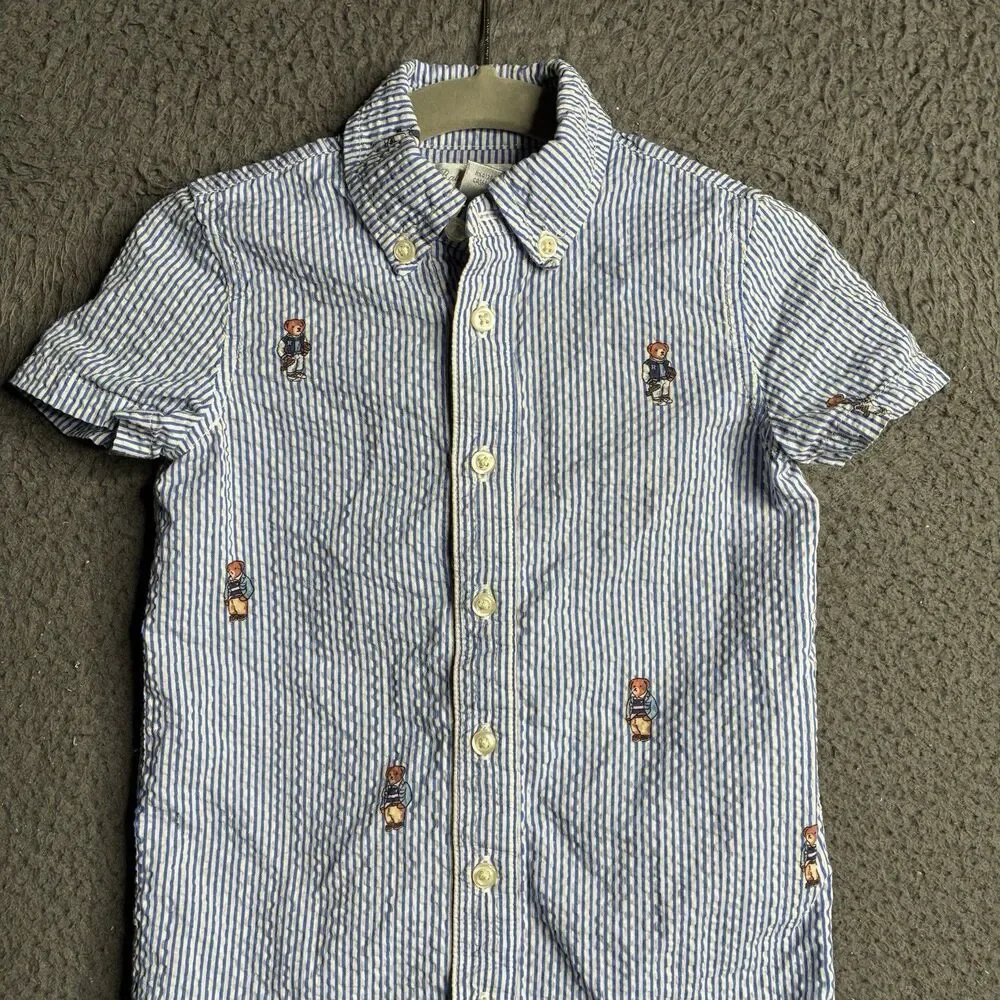 Ralph Lauren Polo Bear One-Piece Romper Seersucker Short Sleeve Baby Size 12M